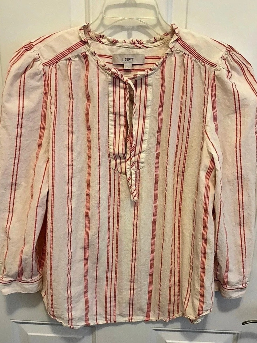 LOFT Striped Tie Neck Blouse in White & Red Size Small